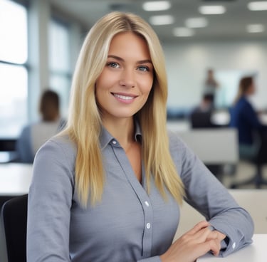 a woman with blonde hair and a gray shirt