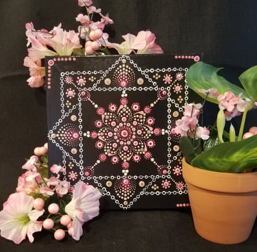 Dot Art done in pinks and white with crystals.
