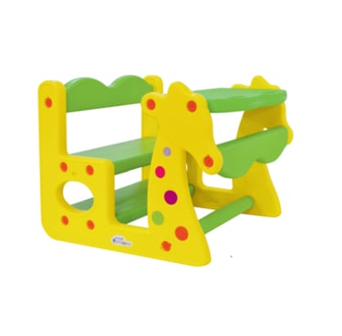 a toy horse and a wooden bench with a green and yellow horse