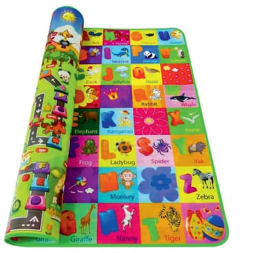 a colorful children's play mat with a roll up of alphabets