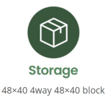 Represented by a box icon, offering 48×40 pallets in 4-way and block configurations
