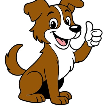 Scout the mascot, a brown and white dog giving a thumbs up and a smile