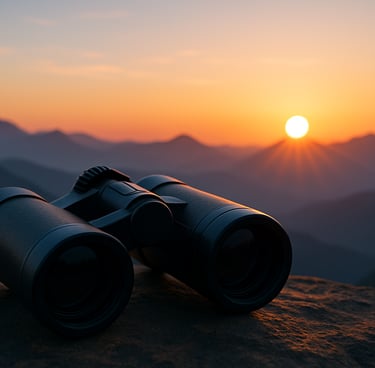 a pair of binoculars with the sun setting in the back representing new endeavors 