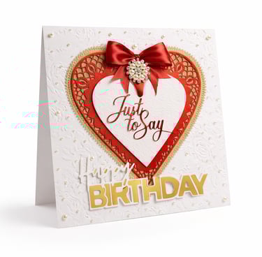 Elegant handmade happy birthday card with red heart, pearls, and a satin bow.