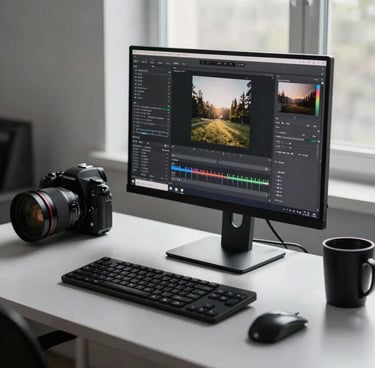 A professional photographer's workspace in a North American studio featuring a high-end monitor displaying a photo editing interface, charcoal black equipment, and a sleek light gray desk surface illuminated by natural window light.
