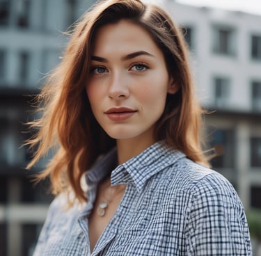 woman in white and blue checked dress shirt polish