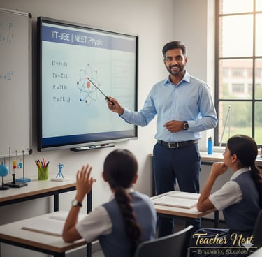 Professional male physics teacher explaining atomic structure for IIT-JEE & NEET preparation on a sm