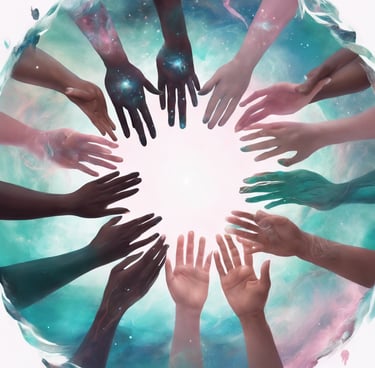 A diverse circle of hands reaching towards a centre of light.
