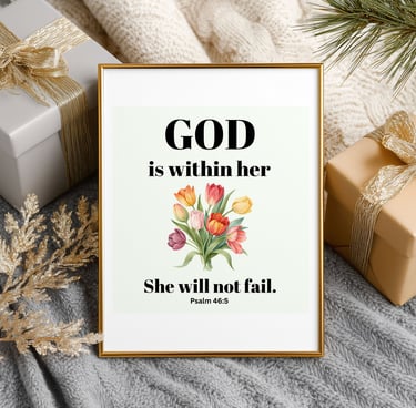 Framed Psalm 46:5 scripture wall art with colorful tulips, perfect for a Christian gift or home decor.
