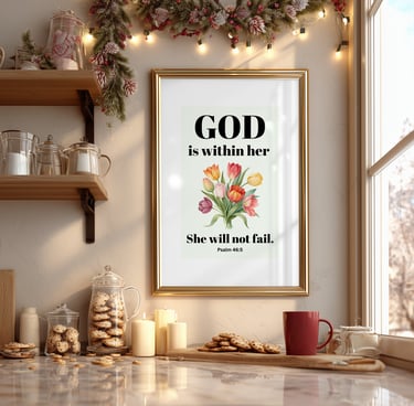 Framed Psalm 46:5 wall art in a cozy kitchen with cookies, candles, and festive holiday greenery.