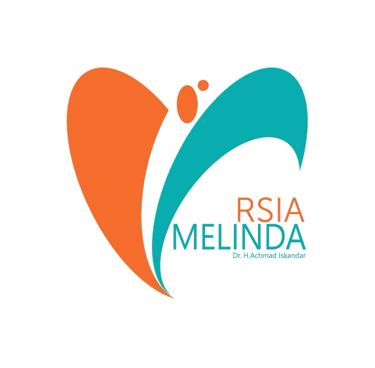 RSIA Melinda hospital logo featuring an abstract orange and teal butterfly icon and Dr. H. Achmad Iskandar text.