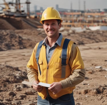 A person wearing a red hard hat and red protective workwear can be seen from behind. The helmet has a 'Safety First' sticker, emphasizing workplace safety. The person appears to be outdoors, and there is a green, blurred background, suggesting a construction or industrial setting.