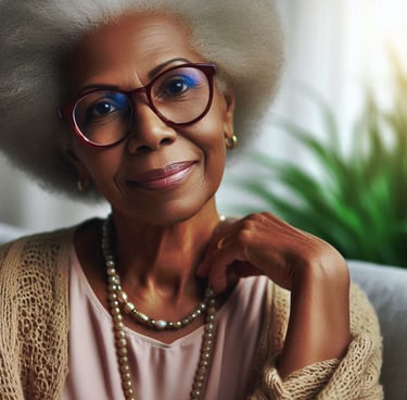 Senhora idosa de óculos de pele morena