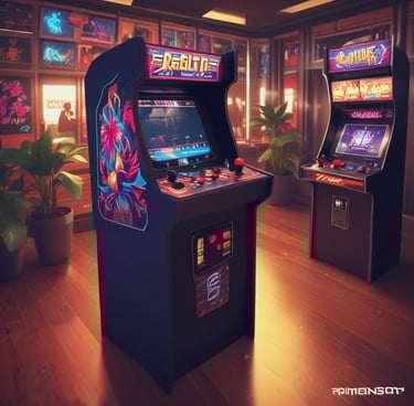 A dimly lit room features two vintage arcade game machines, one displaying 'Frogger.' The background is covered with retro-style posters, emitting a nostalgic, 80s vibe. The red and blue lighting creates an atmospheric glow.