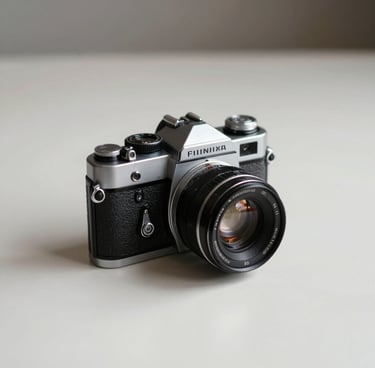 A still-life photograph of a vintage film camera resting on a minimalist off-white surface. The lighting is soft and professional, highlighting the silver metallic details of the lens. The style is sophisticated and calm, typical of a modern North American / US studio.