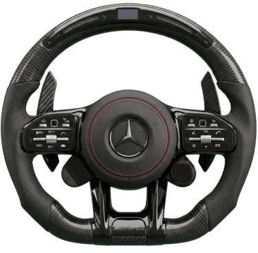 Custom Mercedes AMG carbon fiber steering wheel with perforated leather and digital LED display.