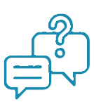 A blue icon of two speech bubbles with a question mark.