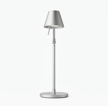 Straight-on product portrait of a minimalist aluminum desk lamp on a pure white background, soft natural daylight, 50mm