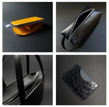 A yellow l-shape wallet, black dopp kit bag, tote bage and a croco print leather card holder