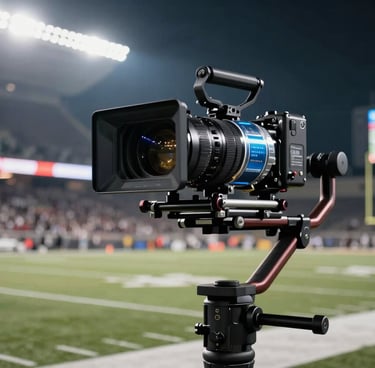 A professional high-speed cinema camera rig on a stabilizer, positioned on the sidelines of a brightly lit North American football stadium at night. The lighting is dramatic, with electric blue and ice white highlights reflecting off the metallic lens housing.