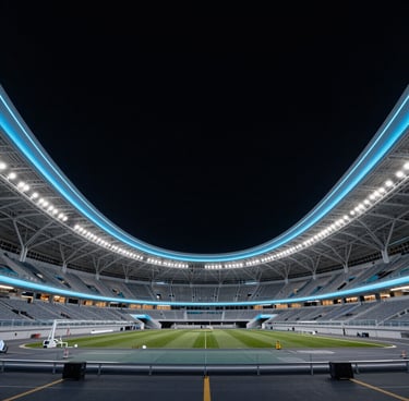 A wide-angle, low-perspective shot of a futuristic sports arena in the United States. The architecture features sleek curves and glowing neon steel blue accents against a deep black night sky. The composition is symmetrical and dynamic.