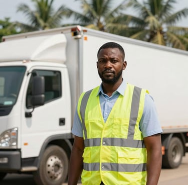 Dignified professional portrait of a Nigerian logistics coordinator in high-visibility vest standing beside a clean bulk delivery truck, bright natural daylight, palm grove in the soft-focus background.