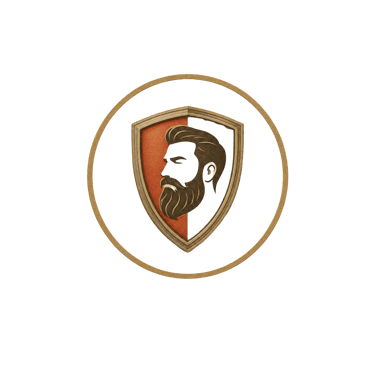 Gold and black shield logo featuring a bearded man profile for barbershop branding.