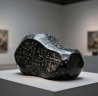A high-fashion style photograph of a polished black stone sculpture with calligraphic engravings, resting on a smooth grey platform in a minimalist art space.