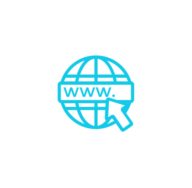 Blue line icon of a globe with a WWW URL address bar and mouse cursor clicking it.