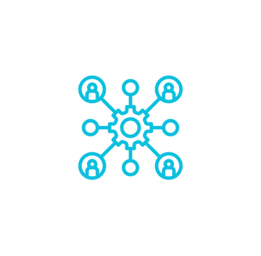Blue line icon showing people connected to a central gear, representing team management and workflow automation.