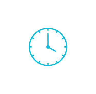 Blue circular clock icon with minimalist outline showing four o'clock on white background.