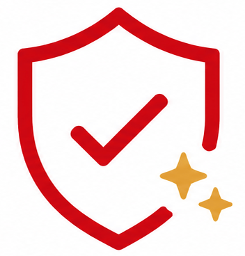 Icono de escudo de seguridad rojo con una marca de verificación y estrellas doradas