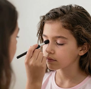 Portrait of a woman applying foundation with a soft brush in a cozy room