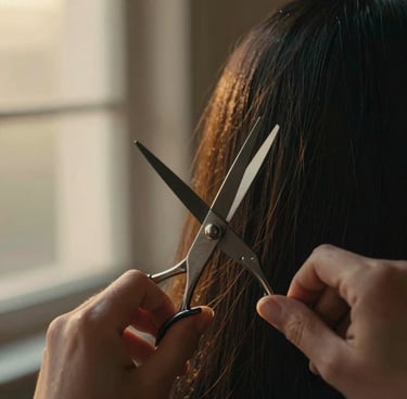 Close-up of hands using classic steel shears on dark hair, low-key directional lighting with soft golden-hour window light, shallow depth of field, 35mm