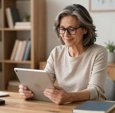 A warm, inviting photo of a mature woman smiling while reading financial advice on her tablet at home.