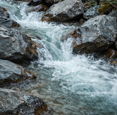 An artistic close-up of a mountain stream flowing over smooth rocks in a North American forest. The lighting is soft and diffused. The image emphasizes a clean and modern aesthetic with natural textures in teal grey and mist white.
