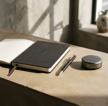 Clean, minimalist product photography of a premium corporate gift set, including a branded notebook, a high-end pen, and a small, elegant tech gadget, arranged on a warm sand-toned surface with architectural lighting, high-contrast shadows, sharp focus.