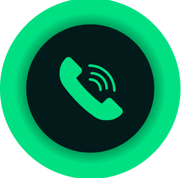 Green telephone handset icon with signal waves on a black circular background for contact us and customer support.