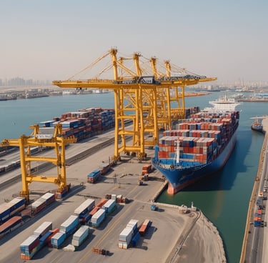 Aerial view of a busy shipping port with cargo containers, docks, and freight ships in blue coastal water.