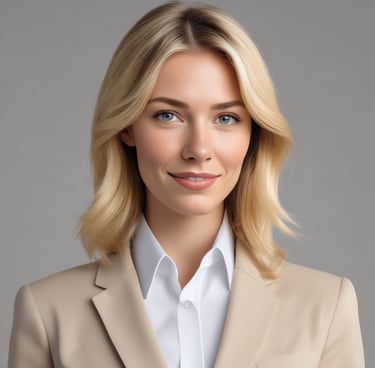 Professional businesswoman smiling confidently in an office setting.