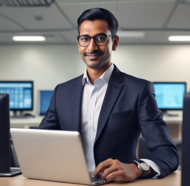 Portrait of a smiling professional woman in a modern office setting.