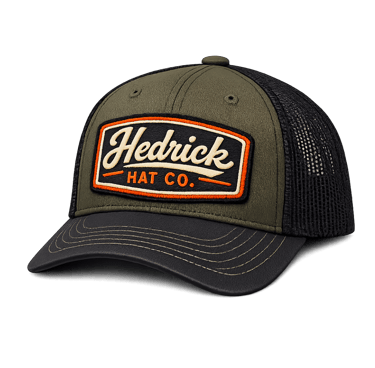 green trucker cap with Hedrick Hat Co patch