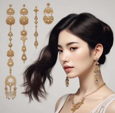 A pair of trendy jhumkas with intricate detailing displayed on a minimalist ivory background.