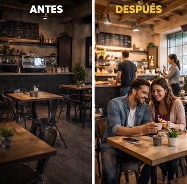 Before and after restaurant showing improved ambiance, design, and customer experience