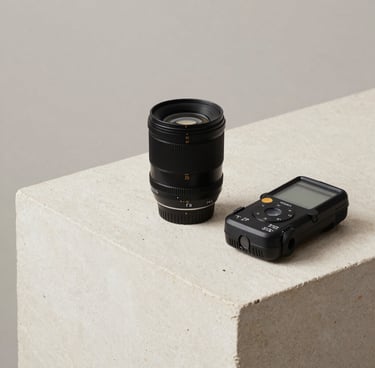 Minimalist photography of a camera lens and a professional light meter on an off-white stone surface, European / Spanish photography studio setting, clean and sophisticated aesthetic.