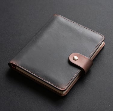 A minimalist, top-down photograph of a leather-bound photography portfolio resting on a dark charcoal surface. Soft, professional lighting highlights the texture of the material. European / Spanish aesthetic, elegant and refined style with dark grey and rose gold accents.