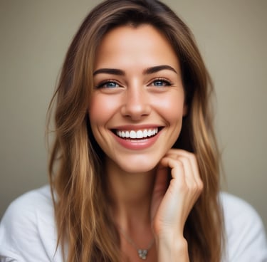 Smiling customer holding a clean pillow in a bright, modern living room.