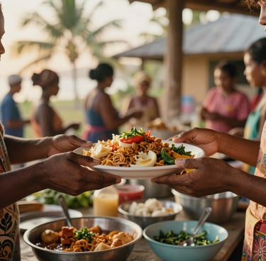 Close-up of hands sharing a warm plate of food in a vibrant community kitchen, tropical golden-hour light, 35mm documentary style.
