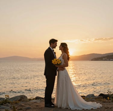 A stunning outdoor wedding photography session in Bodrum, featuring a Middle Eastern / Turkish couple during sunset. The lighting is warm and golden, reflecting off the Aegean sea. Minimalist composition with focus on the couple's emotions, incorporating soft mustard yellow floral accents.