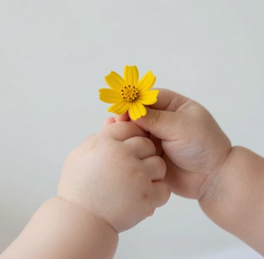 A close-up artistic shot of a baby's hands holding a small yellow flower. The background is a clean, out-of-focus light grey. Soft, natural light, warm and professional photography style.